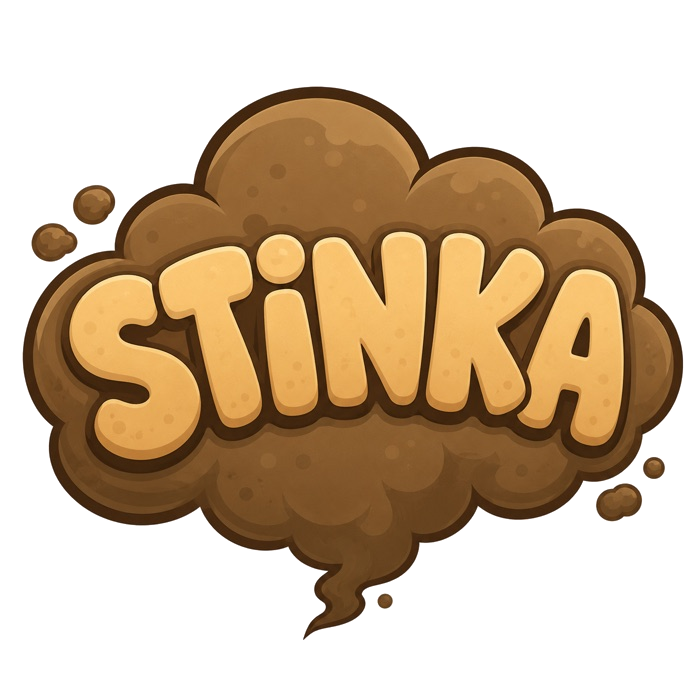 Stinka logo: the word STINKA in bold gold letters in front of a puffy brown cloud